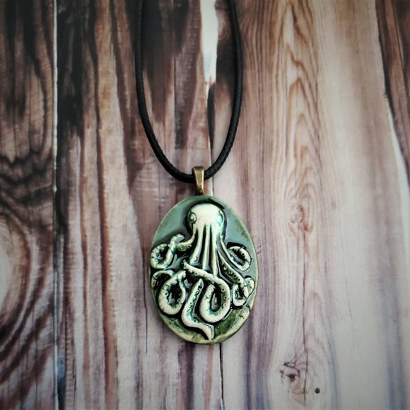 Handmade Ceramic Bottle Green Octopus Kraken Pendant Necklace - Picture 8 of 11